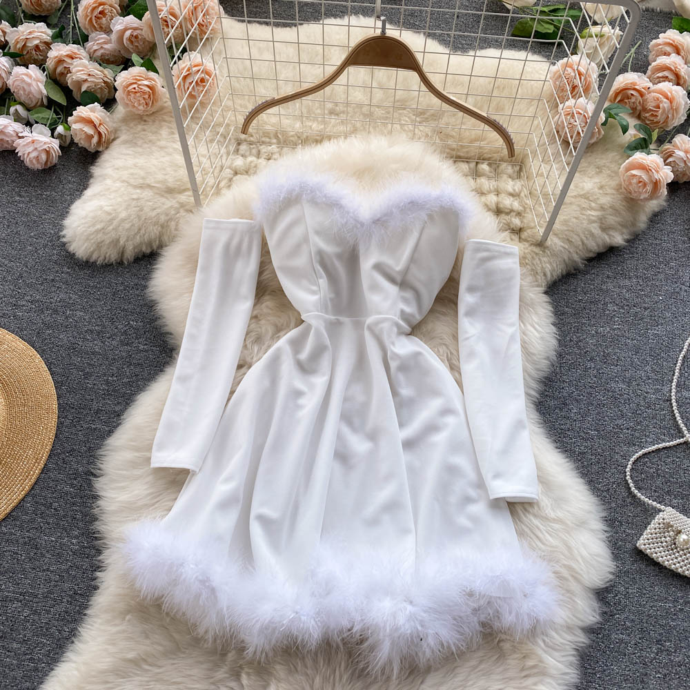 Sixsr Gifts For Women Elegant Dress For New Year Strapless Backless Furry Sexy Short Mini Christmas Dress Navidad Red Party Dress Femme