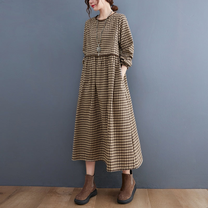 New Fashion Plaid Patchwork Lace Long Sleeve Autumn Dress Cotton Linen Office Lady Work Dress Women Casual Spring Dress