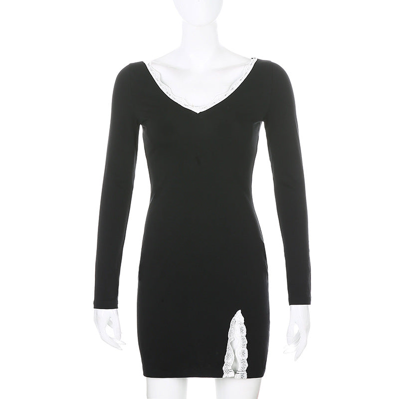 Sixsr Women Winter Dress Women New Arrivals Sexy Long Sleeve Lace Split Black White Solid Party Dresses Vestidos
