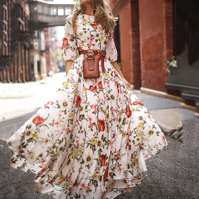 Sixsr Vintage Women Floral Printing O-Neck Sweet Long Party Dress Summer Three Quarter Sleeve Ladies Dress Fashion Elegant Streetwear