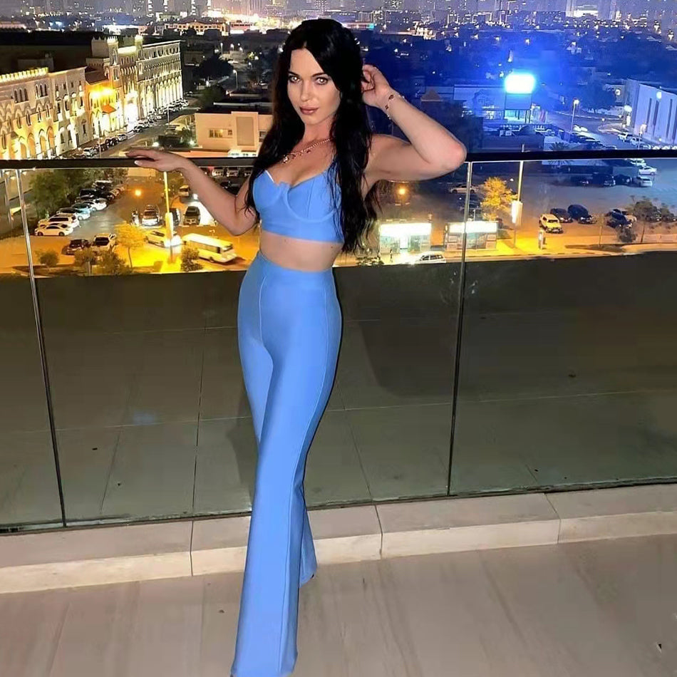 sixsr Set 2 Pieces Strap Sleeveless Bustiers And Long Bell-Bottoms Trousers Sexy Celebrity Party Sheath Vestidos Dobanmbd