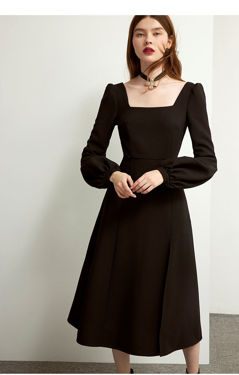 Sixsr Black Retro Split Dress Women Elegant Midi Designer Dress Female Long Sleeve Hepburn Style Chiffon Vintage Dress Fall Women