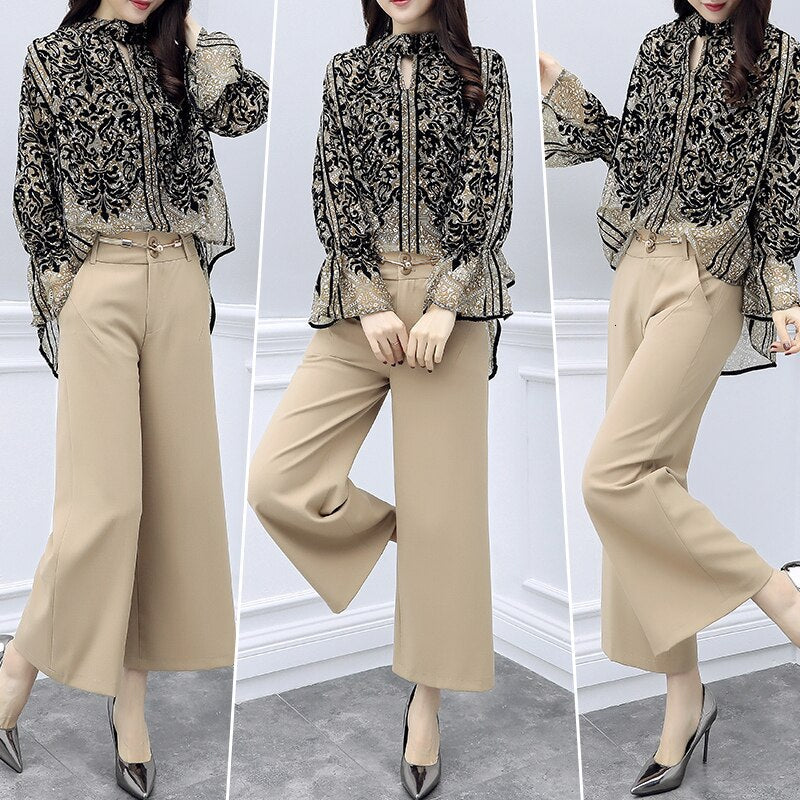 sixsr Fashion Trends Chiffon Pantsuits Women Wide Leg Pant Suits For Mother of the Bride Outfit Formal Wedding Office Ladies 2 Two Piece Set Clothes