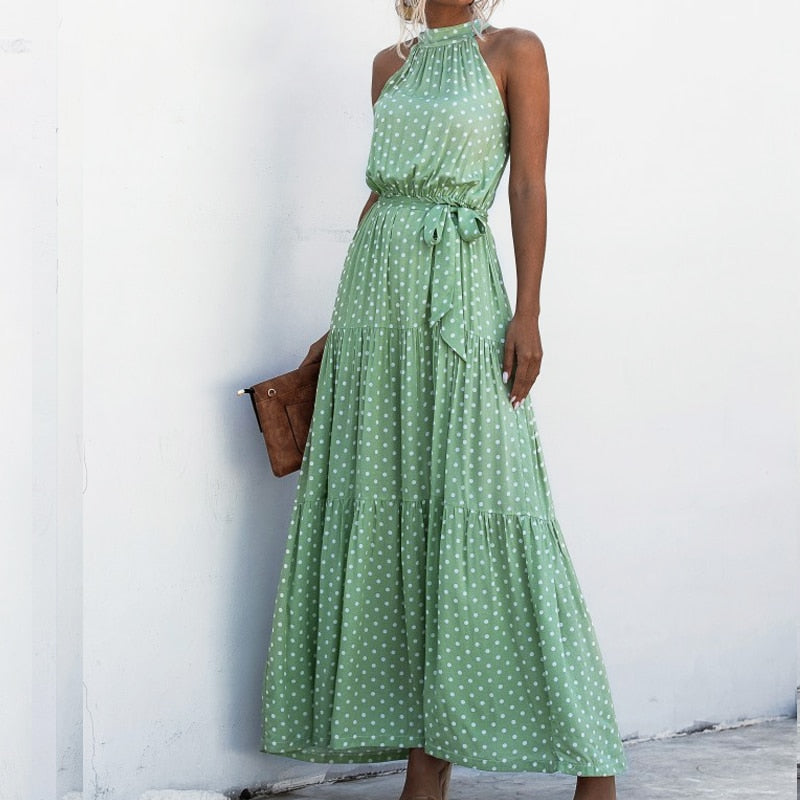 Sixsr Summer Elegant beach Women Dress long Print Flowers Polka-dot strap Ladies Halter boho Dress Vintage party ladies Dress