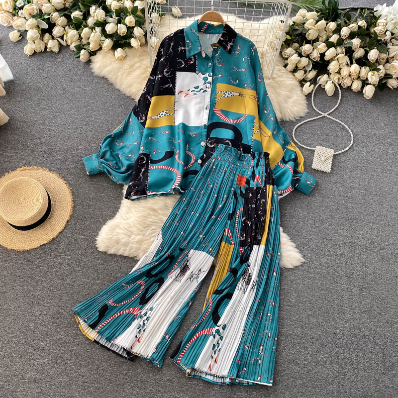 sixsr Women's Dress Spring Retro Print Casual Set Design Batwing Sleeve Single Breasted Blouse+High Waist Long Pants Two Piece Suits