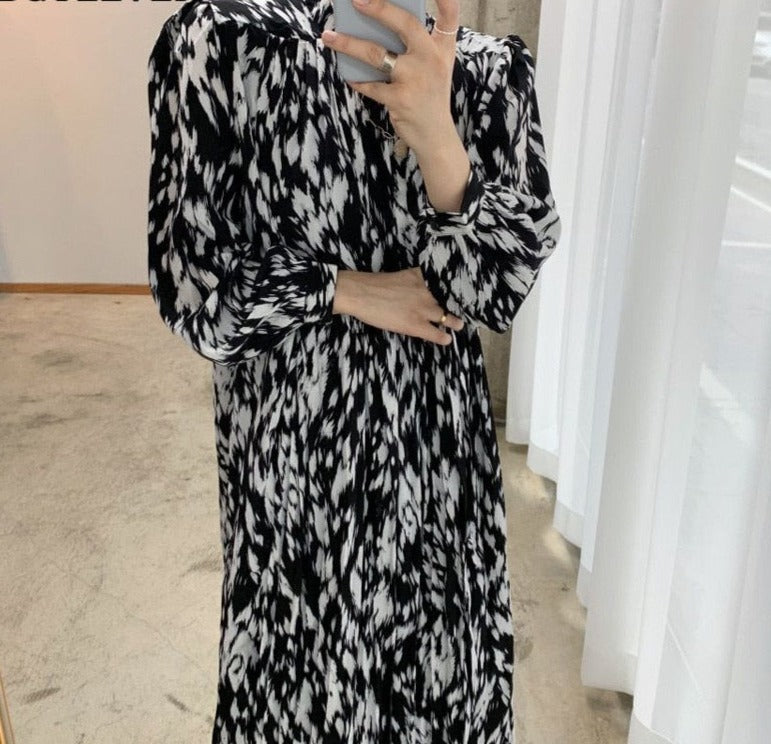 Spring New Stand Collar Women Full Sleeve Dress Elegant Hit Color Female Lace-up Printed Midi Dress Vestidos