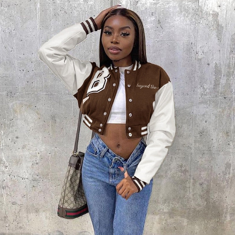 Sixsr Letter Print Red Color Patchwork Short Bomber Jacket Women Cropped Baseball Jacket For Women Autumn Long Sleeve Loose Jacket