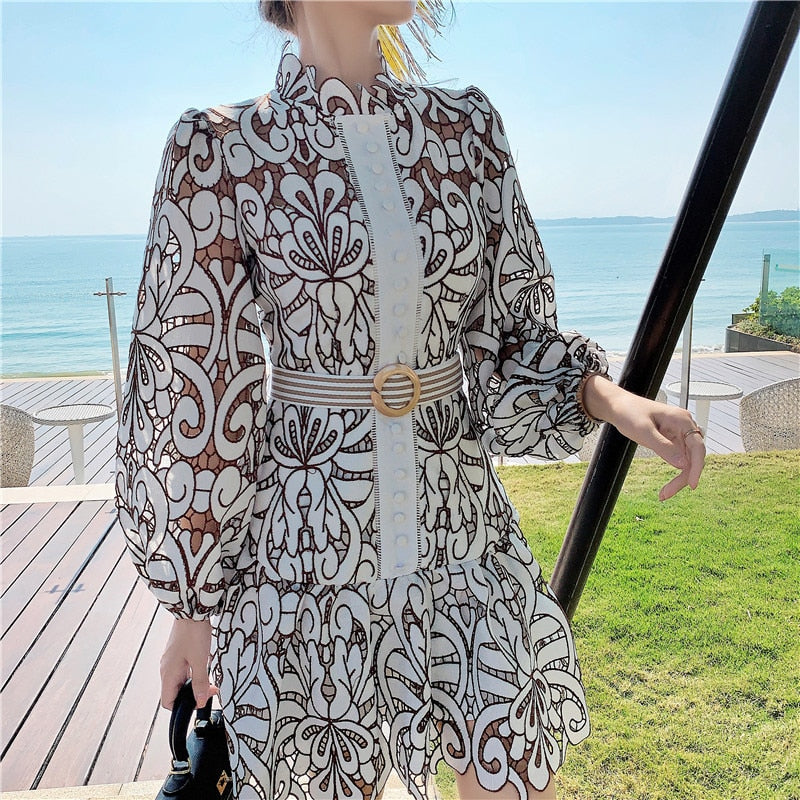Sixsr Vintage Hollow Out Lace Floral Embroidery Dress Spring Autumn Women Stand Collar Lantern Sleeve High Waist Sashes Short Dresses