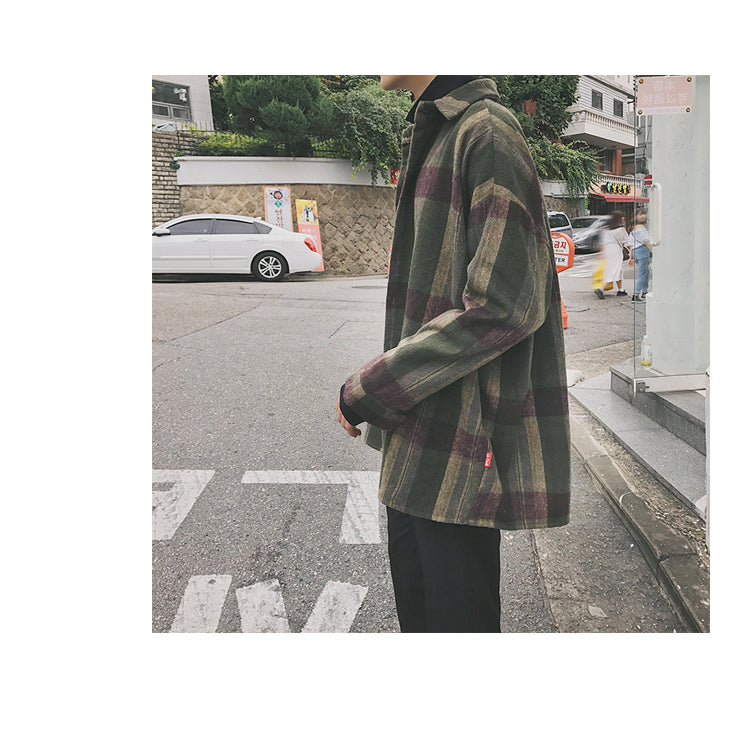 Sixsr New Fashion Men Plaid Shirt Casual Loose Wool Jacket Coat Men Long Sleeve Shirt Mens Clothing Streetwear