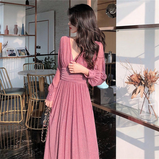 Sixsr Women Dress Autumn V-Neck Long Sleeve Shiny Midi Dress A-Line Evening Night Party Elegant Dress Red Black Pink vestidos
