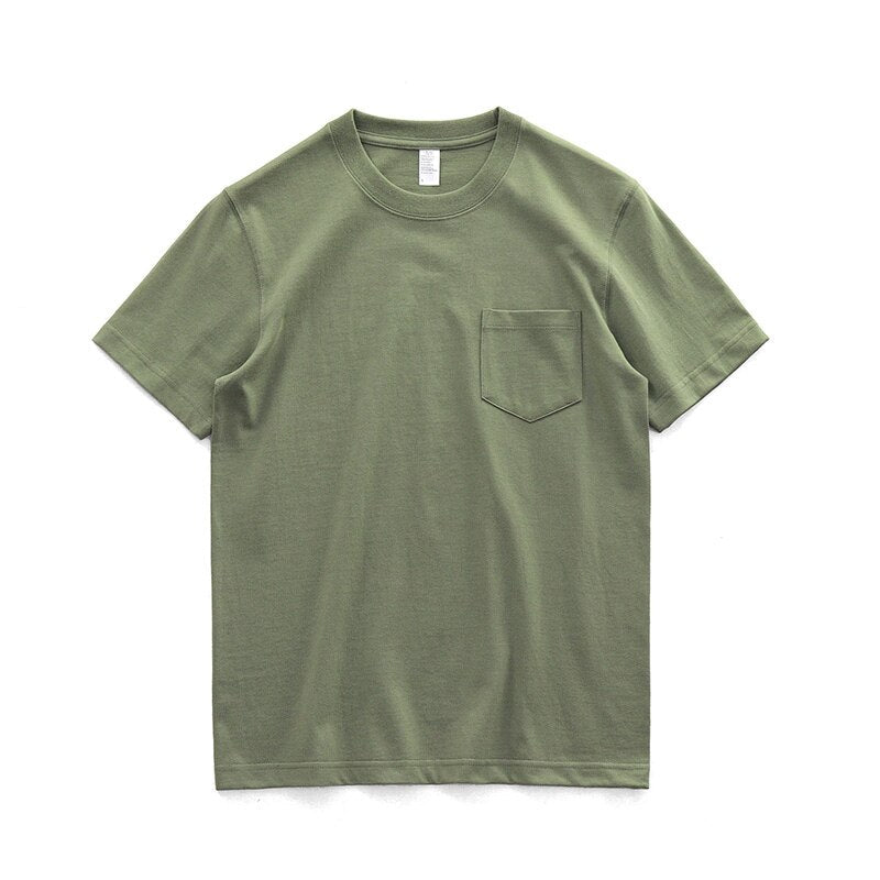 Sixsr 260g Heavy Weight Men's T-Shirt Summer Retro Simple Handsome Chic Casual Soft Solid Color Cotton Pocket Short Sleeve O-Neck Tees