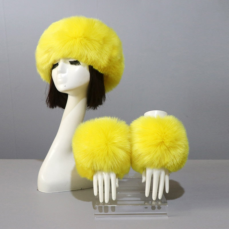 Sixsr New Autumn Winter Caps Female Hats Cuffs Set Fashion Warmth Imitation Quality Design Faux Fur Hat Fox Fur Sleeves Suit Accessary