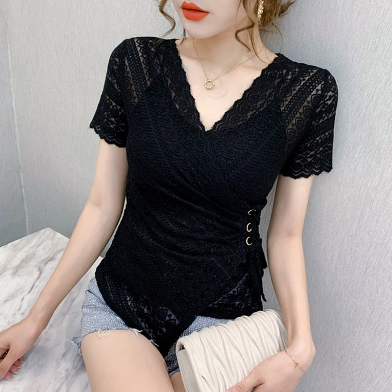 sixsr 5XL Women lace tops New Arrivals Summer short sleeve v-neck women blouse shirt Sexy Hollow out lace tops plus size blusas