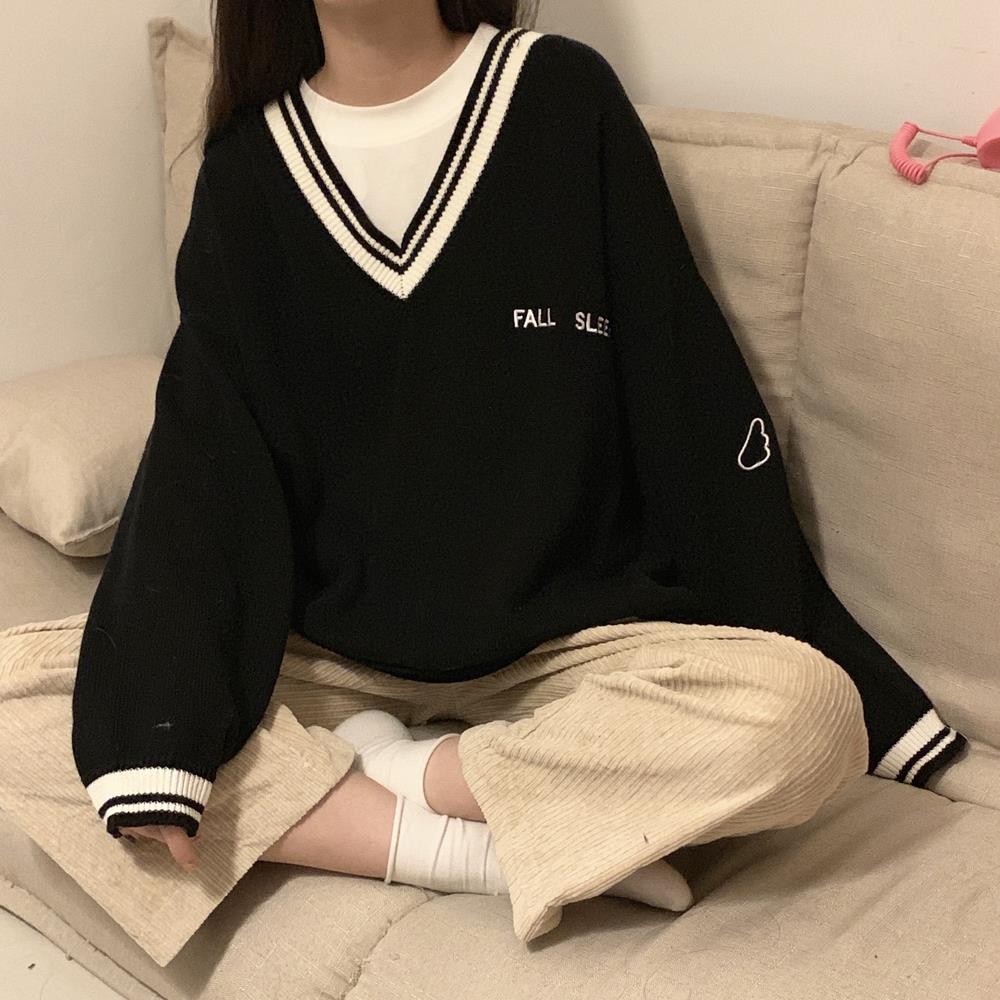 Sixsr  Fashion Trends Sweaters Women Ulzzang Letter Chic Vintage V-neck Daily Oversize Preppy Girls Knitwear Fall Casual All-match Ins Womens Sweater