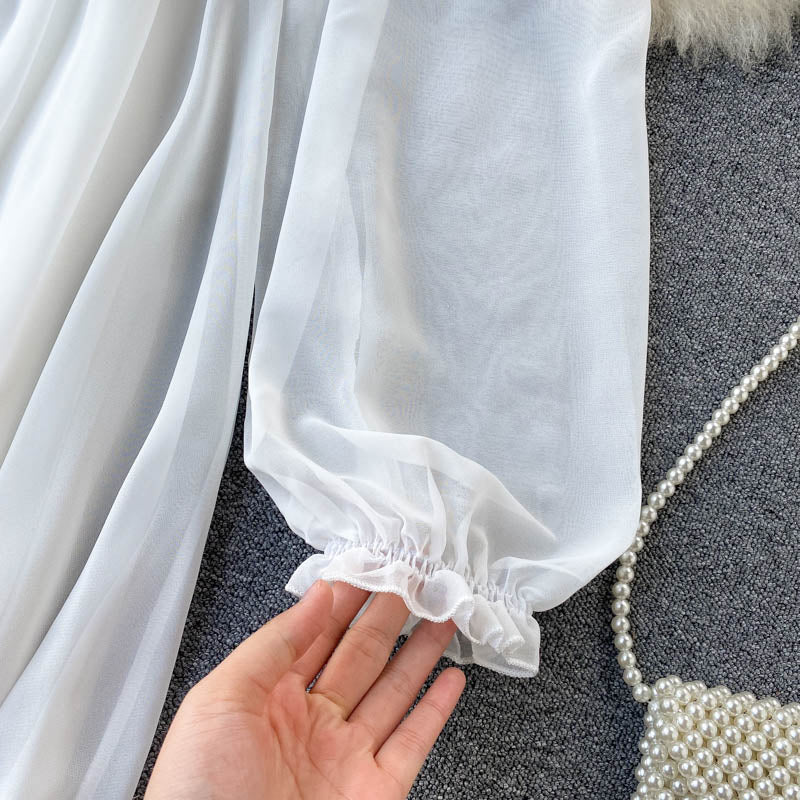 Sixsr New Spring Autumn Dresses for Women Women Elegant Holiday Dresses Puff Sleeve Slash Neck Off Shoulder Smocked White Chiffon Dresses