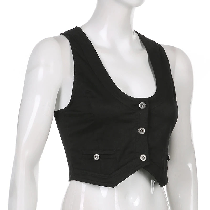 Sixsr y2k Button Corset Top Black Sleeveless Tank Tops Skinny V Neck Aesthetic Punk Crop Top Grunge Fairycore Women Vests