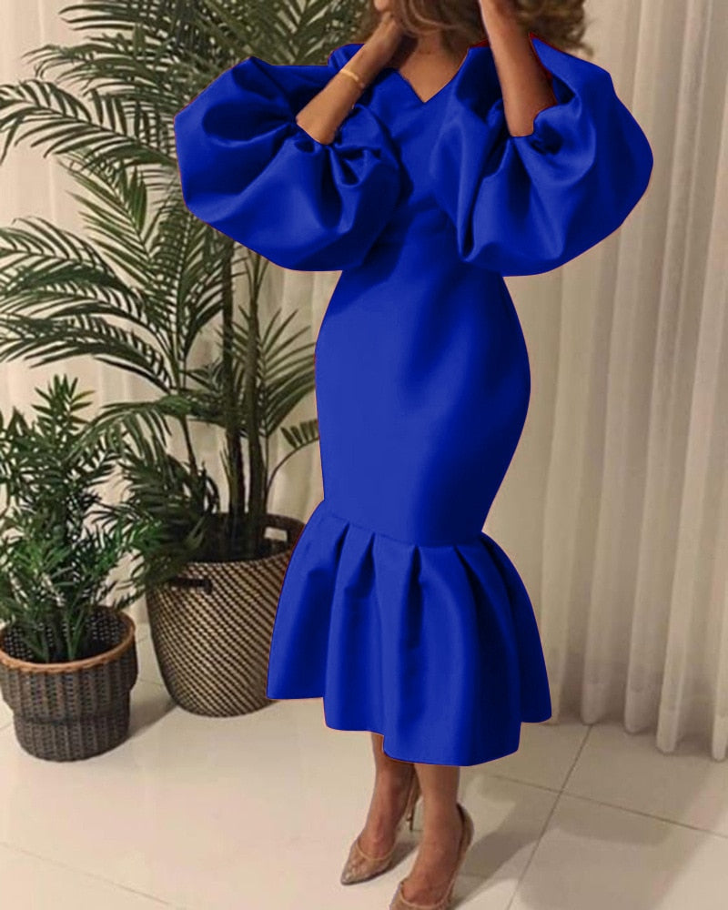 Sixsr Women Party Dress V Neck Long Puff Sleeves Bodycon Sexy Event Occasion African Female Fashion Autumn Spring Robes Vestidos New