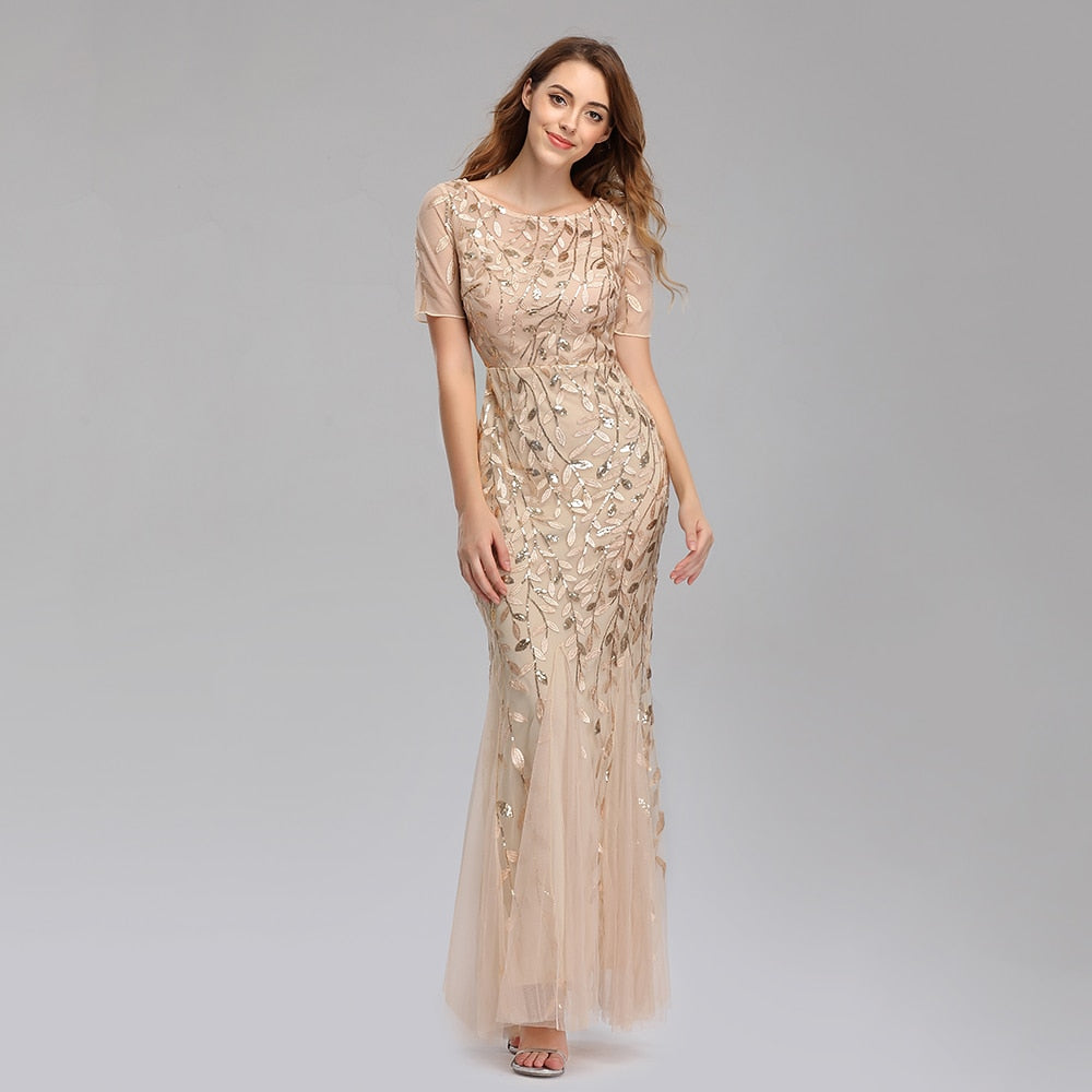 sixsr Plus Size Evening Dresses Mermaid O Neck Short Sleeve Lace Appliques Tulle Long Party Gown Robe Soiree Sexy Formal Dress vestido