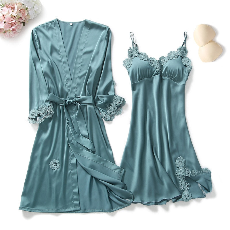 Yellow Robes Suit Autumn Women Nightgown Sets 2 Pieces Nightdress Bathrobe With Chest Pad Female Satin Kimono Bath Gown Sleepwea