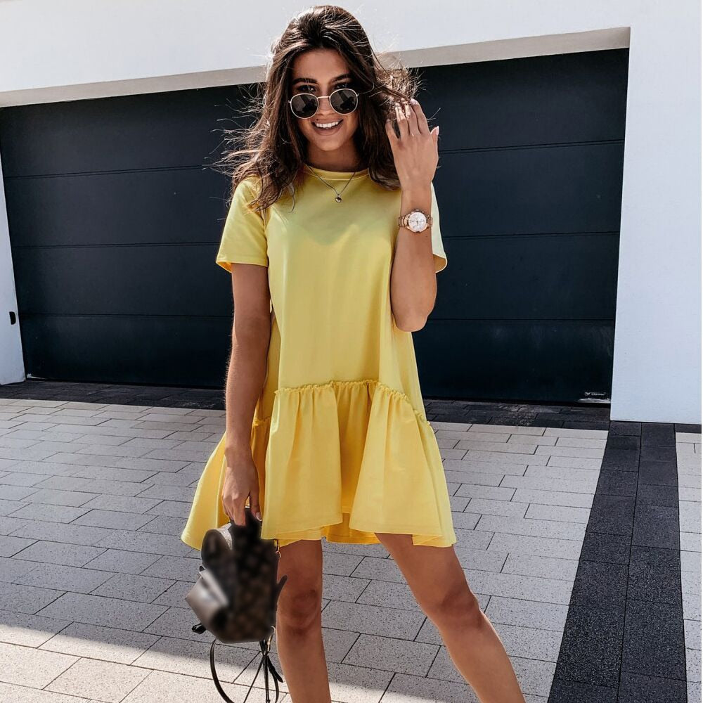 sixsr Fashion Trends Loose Casual Short Sleeve Mini Dress Women Summer O-neck White Black Ruffles Big Hem Beach Dresses For Woman Femme Robe