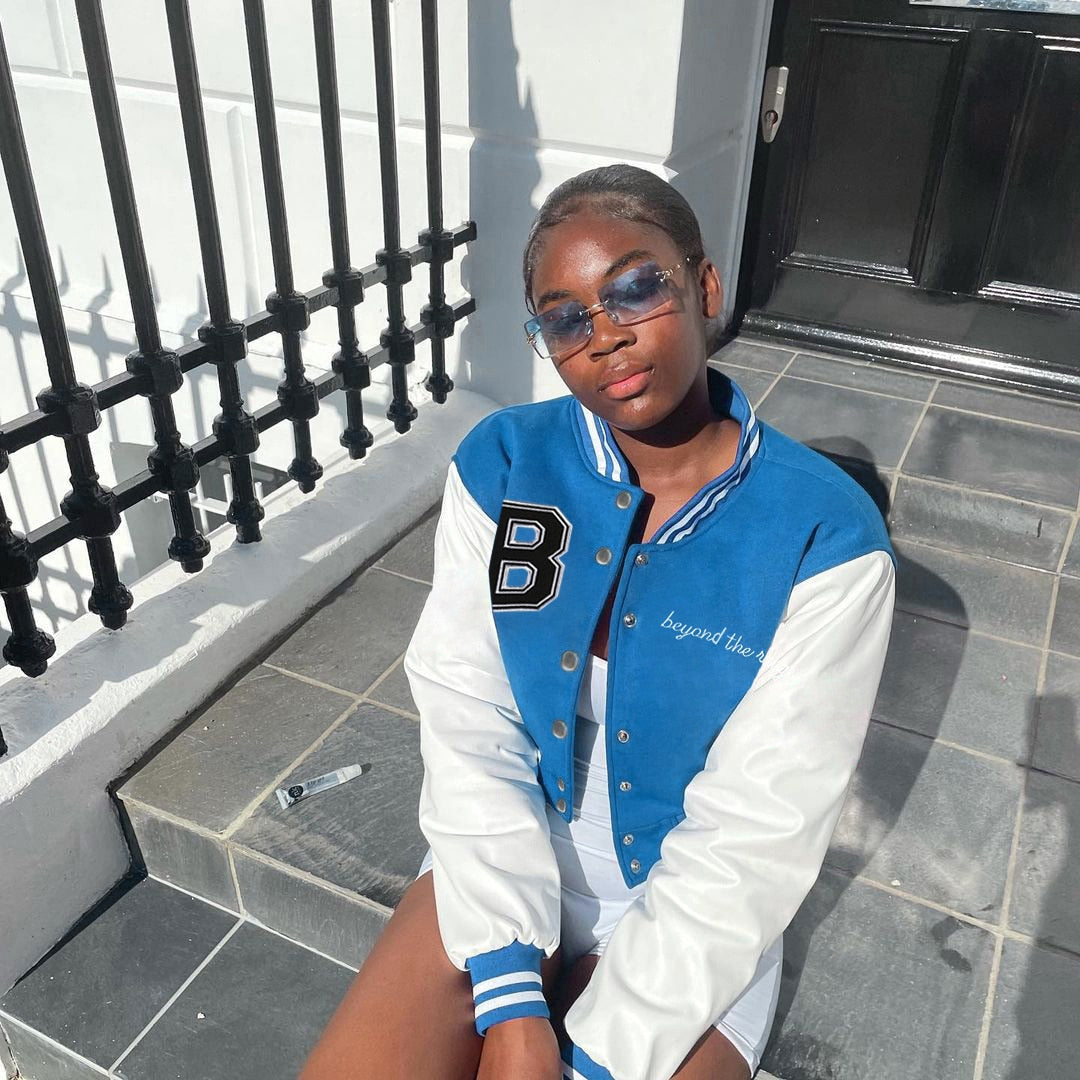 Sixsr Letter Print Red Color Patchwork Short Bomber Jacket Women Cropped Baseball Jacket For Women Autumn Long Sleeve Loose Jacket