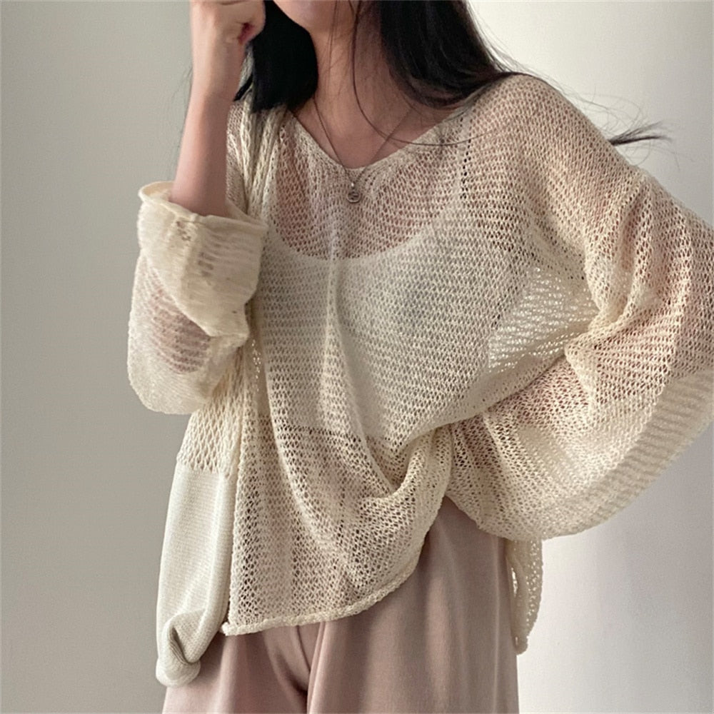 Sixsr Lazy Style Full Sleeves Jumpers Tops Hollow Out Sexy Women Fashion Casual Streetwear Chic Femme Sweaters Pullovers