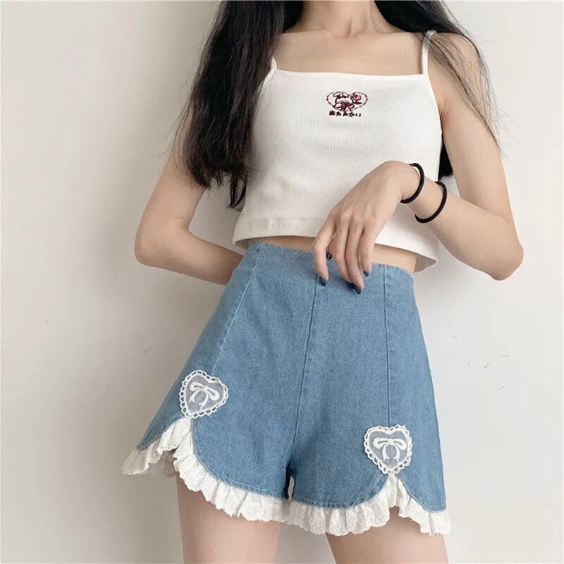 sixsr Summer Outfits  Trends Cute Lolita Girls Denim Shorts Japanese Sweet High Waist Lace Irregular Women's Shorts S-4XL Summer Kawaii Sexy Blue Shorts