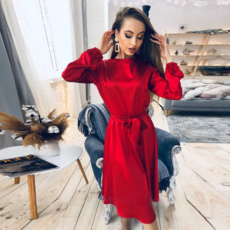 Sixsr Elegant Vintage Sashes Satin A-line Dress Women Autumn New Lantern Sleeve O Neck Solid Casual Party Vestidos Fashion Robes