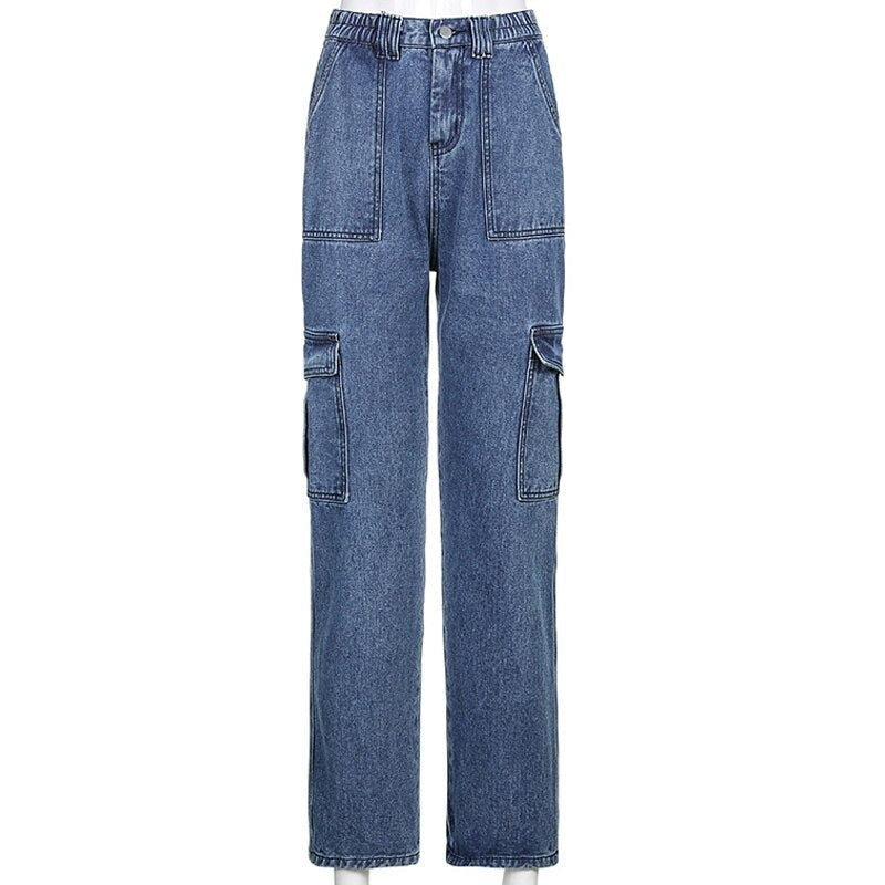 Sixsr Womens Fashion Trends Pockets Patchwork Baggy Jeans Fashion Streetwear 100% Cotton Women Denim Trouser Loose Cargo Pants Korean Jeans Harajuku