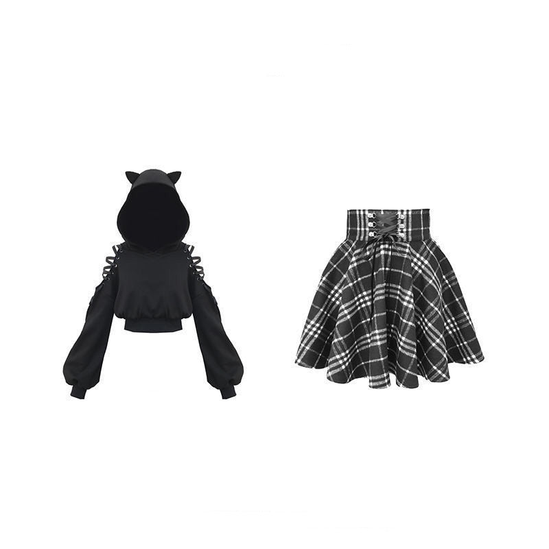 Sixsr Gothic Lolita skirt female S-XL multi-size autumn and winter high waist lace-up short check wool skirt mini ballet skirt