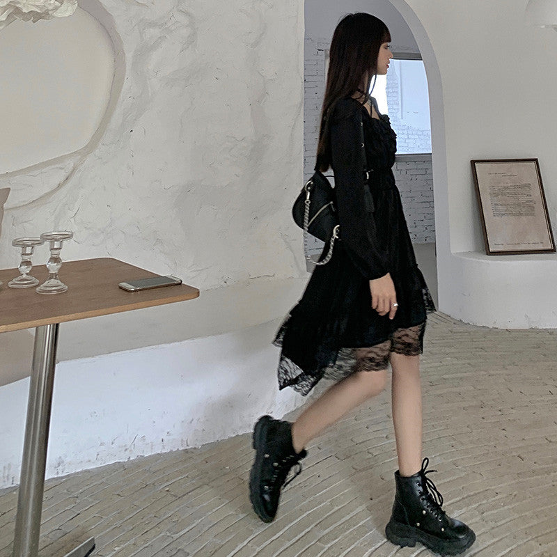 Sixsr New Gothic Women Black Fairy Party Dress Cross Square Collar Lolita Princess Irregular Dress Cute Kawaii Lace Ruffles Chic Dress