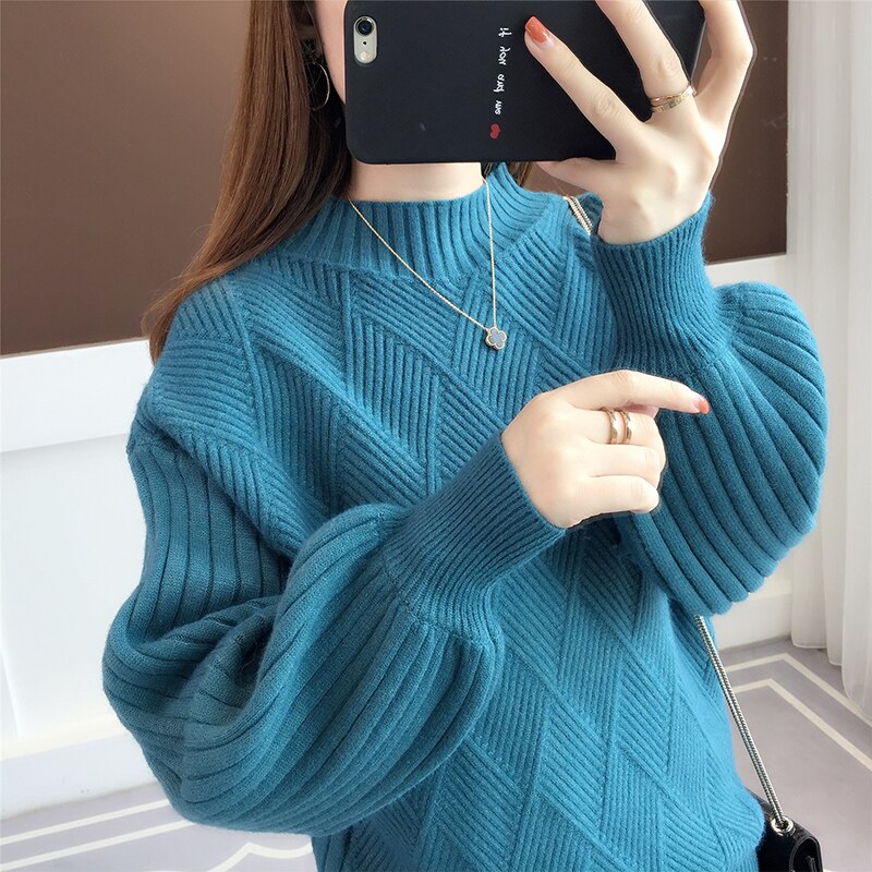 Sixsr Gifts For Women Half-neck sweater women autumn winter new knitted sweater loose round sweater mujer 2019 solid color bat sweater Jumper