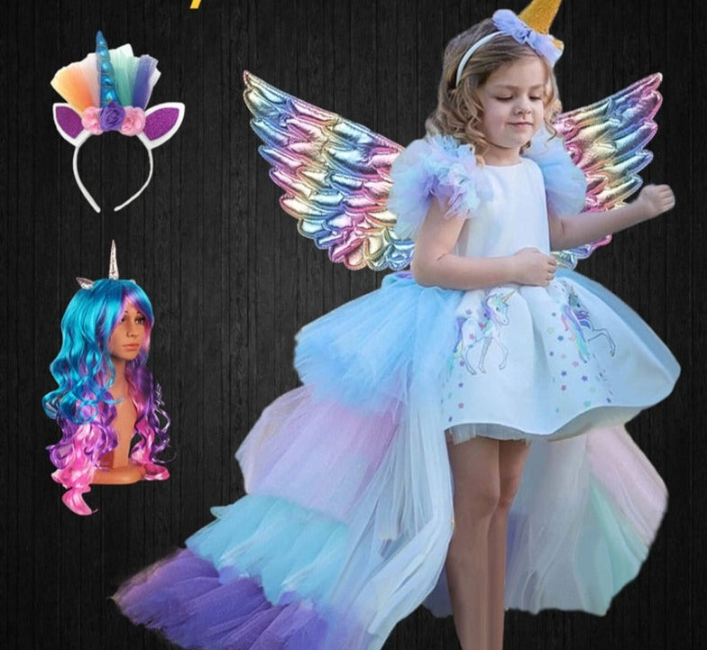 Sixsr Christmas Girls Unicorn Dress with Long Tail + Wings Wig Hairband Baby Girl Princess Birthday Party Ball Gown Kids Horse Clothes