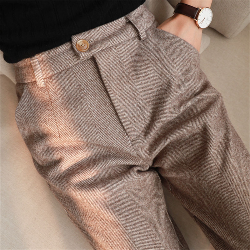 Sixsr Herringbone Woolen Pants Women's Harem Pencil Pants  Autumn Winter High Waisted Casual Suit Pants Office Lady Women Trousers