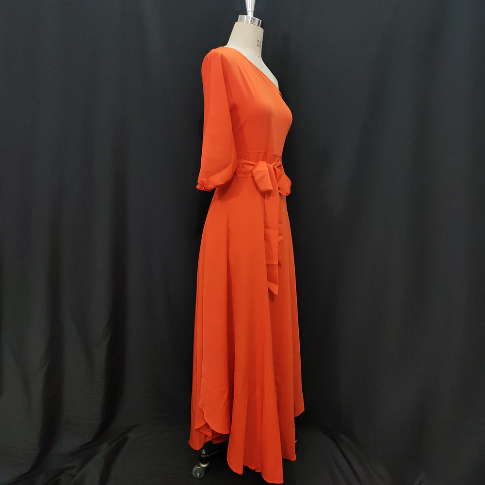 Sixsr Women Dress Bare Shoulder Waist Belt Long A Line Pleated Orange Casual Fashion Female Ladies Elegant New Autumn Summer Robes