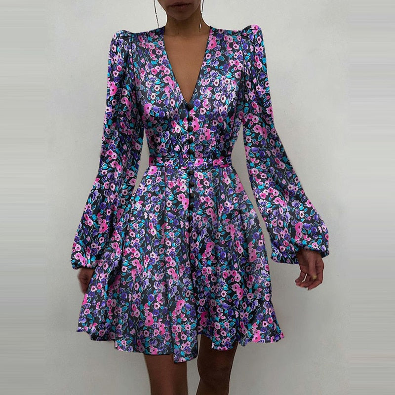 Sixsr Trends high quality Spring New Women Sexy V Neck Letters Print Fashion Short Dresses Casual Satin Slim Lantern Sleeves Zipper Elegant Party Vestidos