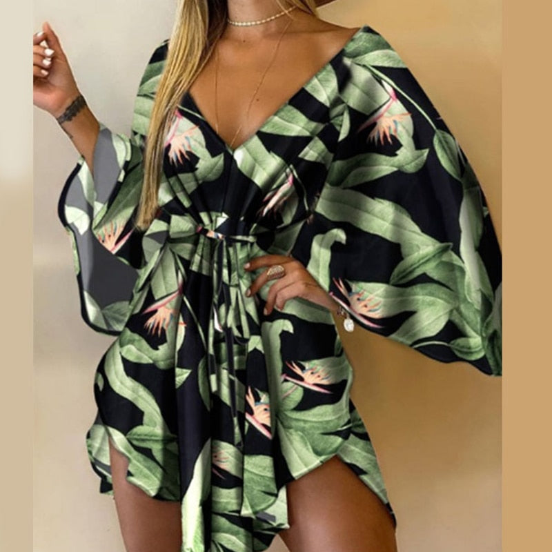 sixsr Summer Outfits Casual Leaf Leopard Print Harajuku Batwing Sleeve Dress Lady Elegant Lace-Up Irregular Party Dress Sexy V-Neck Women Mini Dress