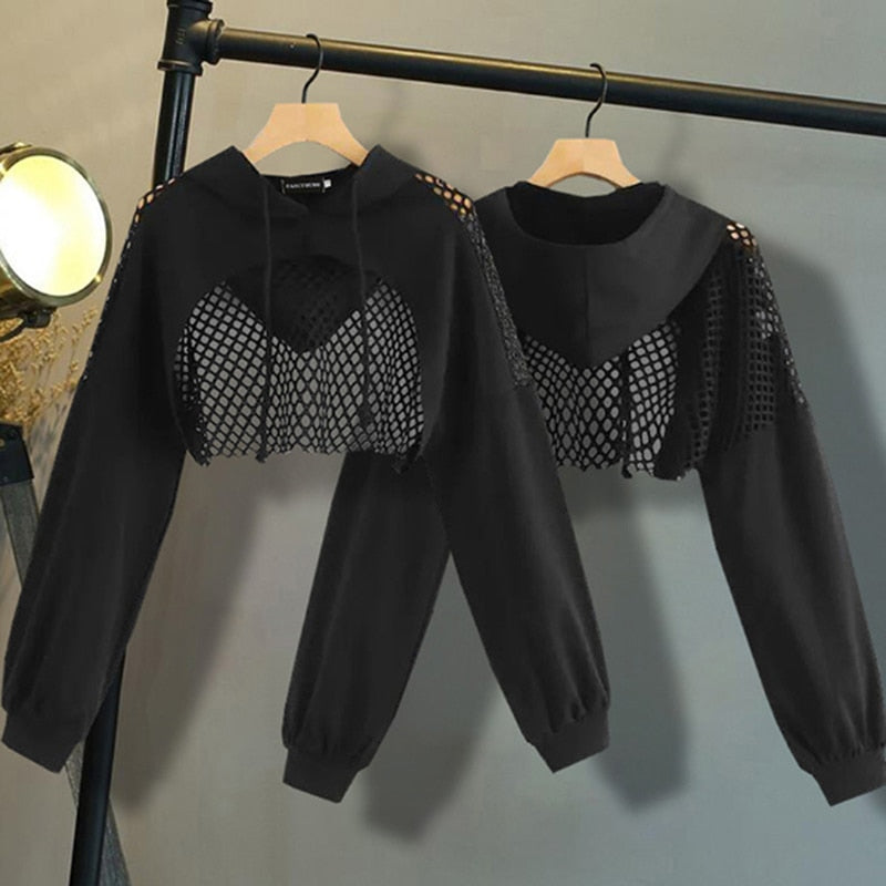 Sixsr Black Hoodies for Women Hollow Out Crop Tops Mesh Patchwork Short Sweatshirt Long Sleeve Autumn Tops and Pullovers