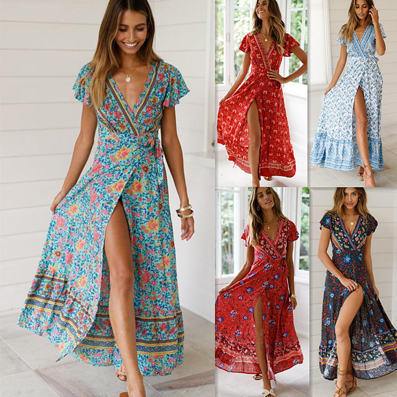 Sixsr Summer Women Dress Indie Folk Women Sexy Printed Bow Holiday Beach Wrap Dresses V-Neck Boho Dress Elegant Party Sundress