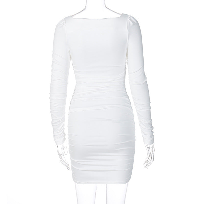 sixsr Hot Sale White Long Sleeve Dress For Women Black Vestido de Mujer Robe Femme Autumn Spring Ruched Elegantes Bodycon Dresses