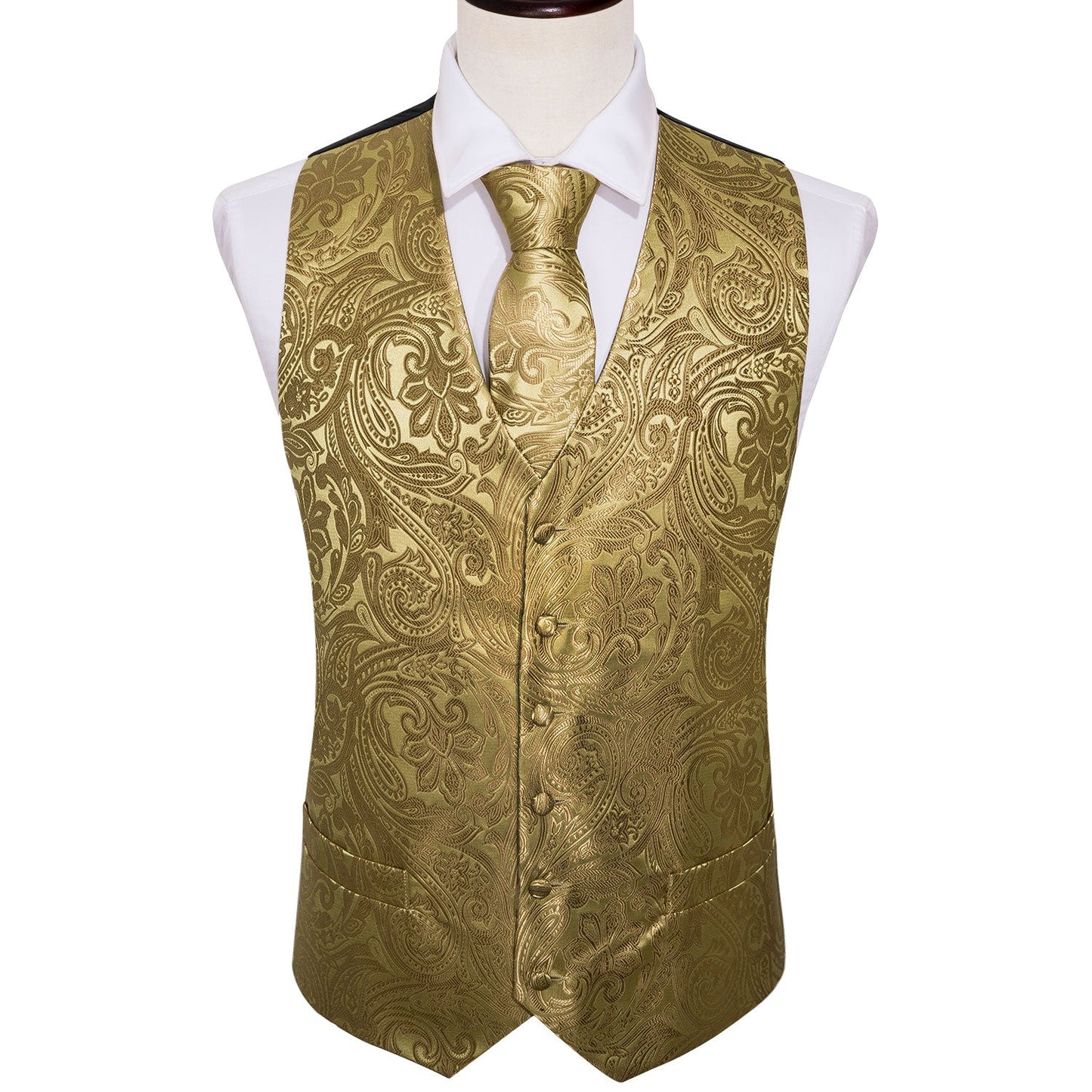 Sixsr 4PC Mens Extra Silk Vest Party Wedding Gold Paisley Solid Floral Waistcoat Vest Pocket Square Tie Suit Set Barry.Wang BM-2017