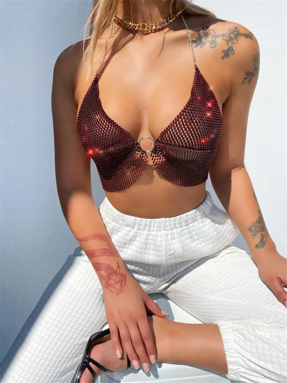 sixsr Sexy Crop Top Women Two Piece Set Festival Beach Club Outfits Party Tank Top T Shirt Woman Halter Rhinestones Tops Summer