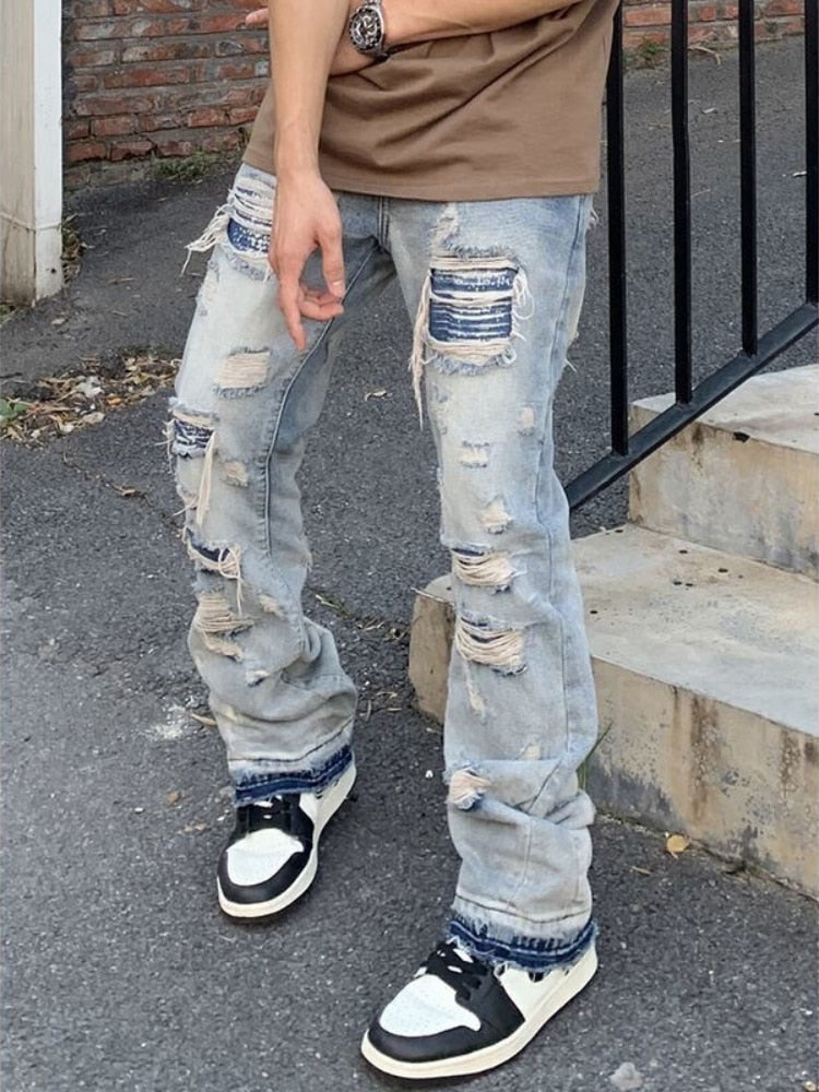 Original Ripped Jeans for Men Vintage Wash Hole Loose Micro Horn Jeans Trousers High Street Men Clothing Streetwear Denim Pants