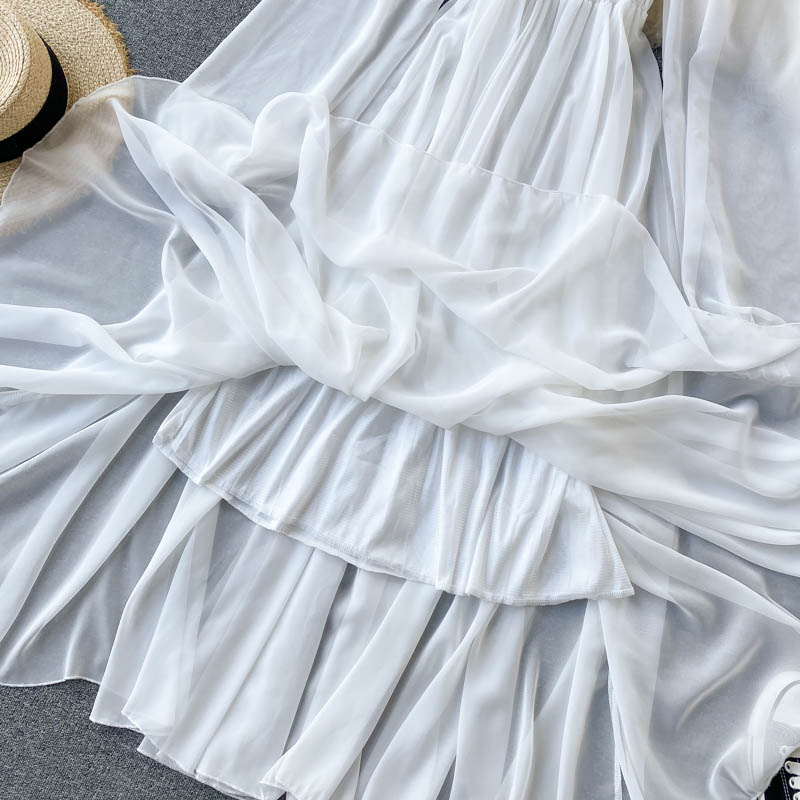Sixsr New Spring Autumn Dresses for Women Women Elegant Holiday Dresses Puff Sleeve Slash Neck Off Shoulder Smocked White Chiffon Dresses