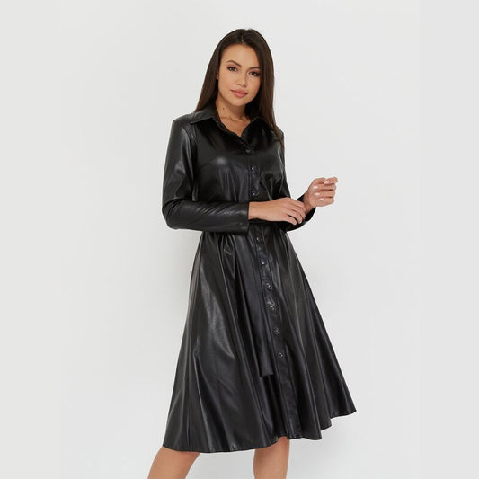 Sixsr Winter Casual Sashes Pu Leather A-Line Dresses Women Turn-down Collar Long Sleeve Solid Color Knee Dress Office Lady Wear
