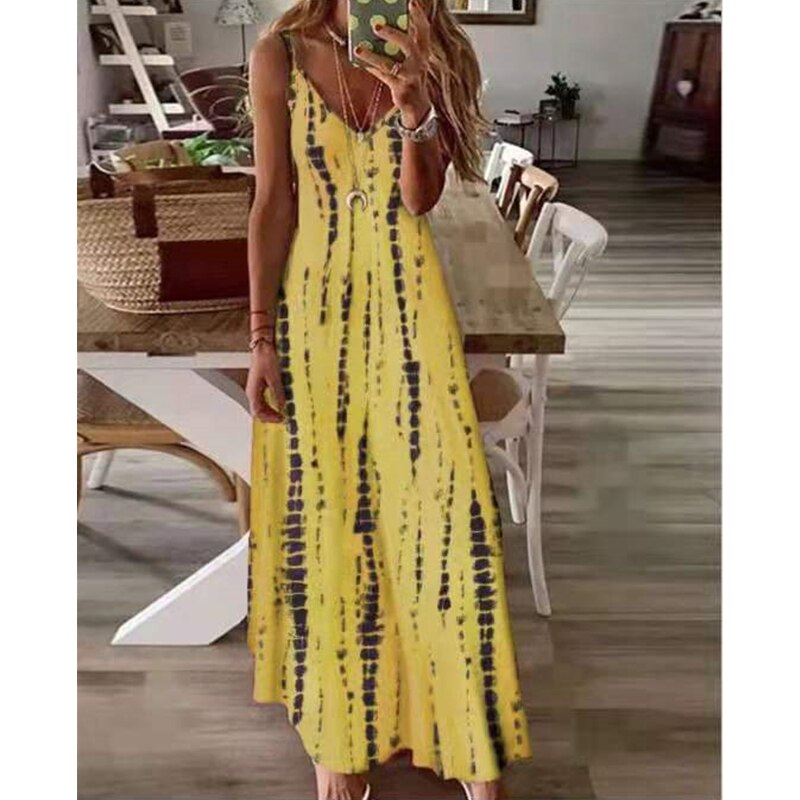 Sixsr Selling New High Street Tie Dye Dress Sexy Spaghetti Strap V Neck Long Dresses Women Summer Beach Dresses Party Tunic Plus Size 5XL