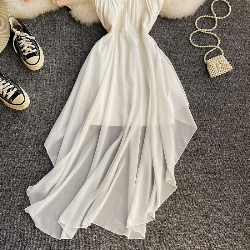 Sixsr Women Dress Spring Summer French Elegant Sexy Gentle Temperament Female Irregular Tube Top Sling Big Swing Vestido