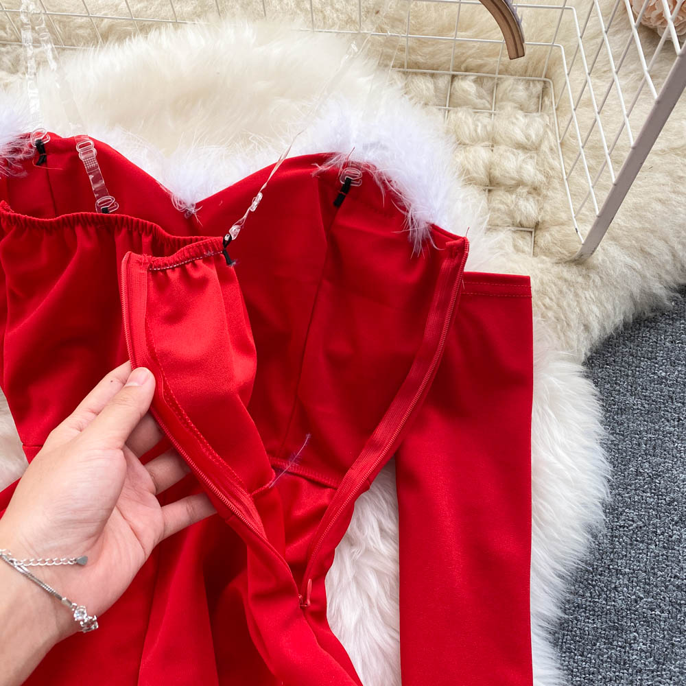 Sixsr Gifts For Women Elegant Dress For New Year Strapless Backless Furry Sexy Short Mini Christmas Dress Navidad Red Party Dress Femme