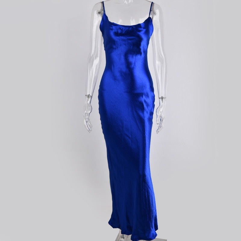 Sixsr Summer Dresses For Women Sexy Spaghetti Strap Backless Summer Dress Women Satin Lace Up Trumpet Long Dress Elegant Bodycon Party Dresses