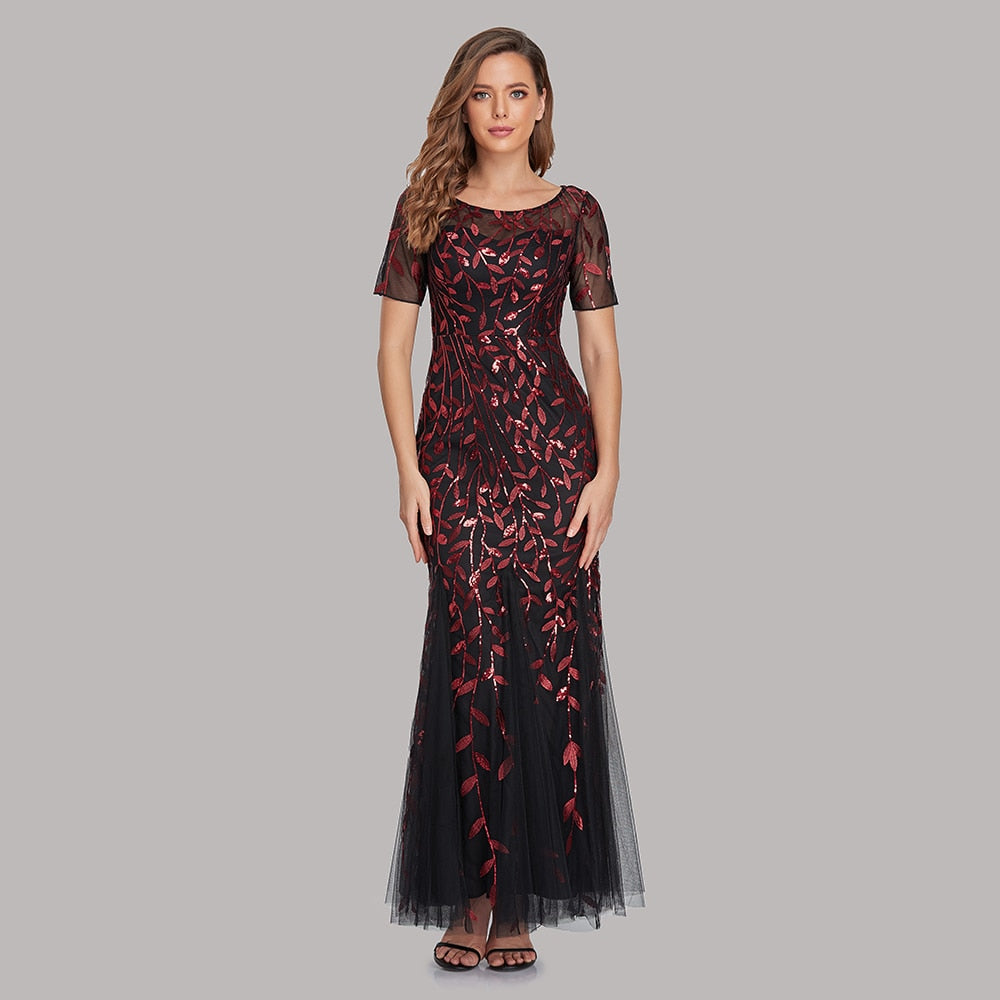 sixsr Plus Size Evening Dresses Mermaid O Neck Short Sleeve Lace Appliques Tulle Long Party Gown Robe Soiree Sexy Formal Dress vestido